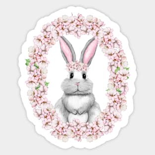 A cute bunny in a wreath of cherry blossoms Sticker